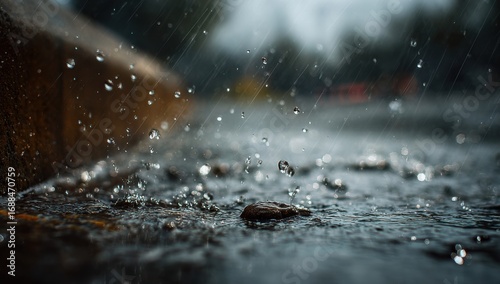 Rain drops splashing on wet ground