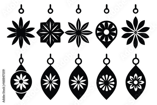 Black and White Set of Christmas Ornaments with Floral and Star Design