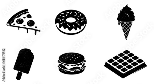 Silhouette icons of popular fast food and sweets in black and white