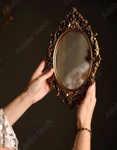 Woman holding ornate mirror indoors