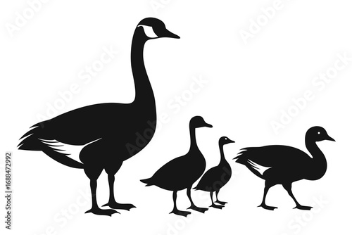 Black Silhouette of a Canadian Goose Family Mother, Father, and Two Goslings Walking