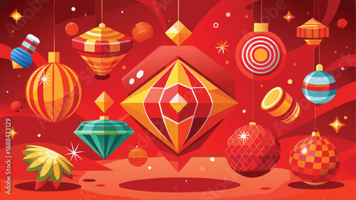 Gold and red Christmas balls decorate a festive holiday tree against a snowy winter background