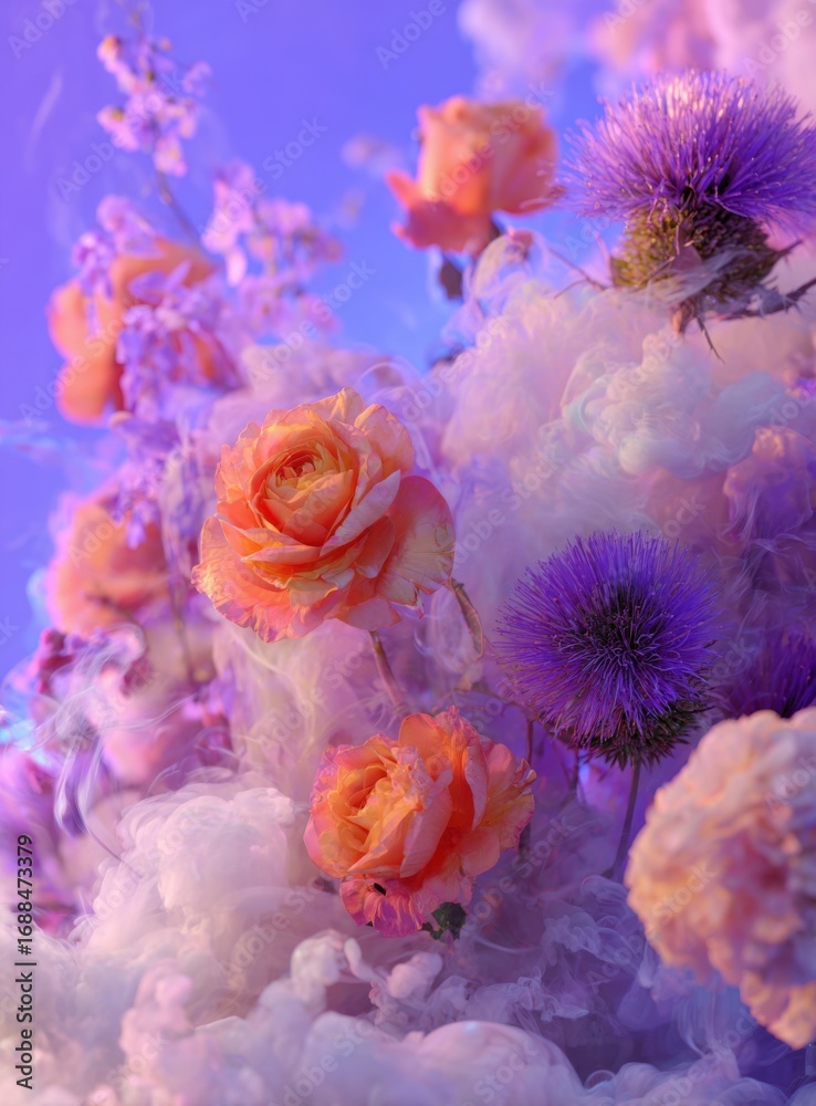 Obraz premium Floral arrangement, soft pastel colors, clouds of whimsical