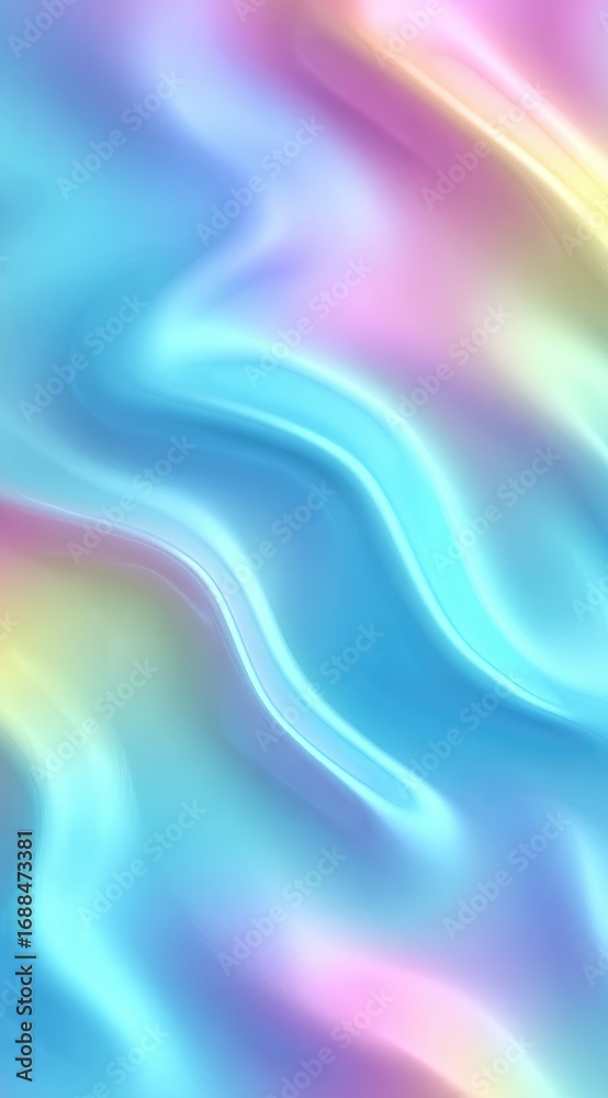 Obraz premium Flowing pastel hues blend in a liquid-like motion, creating a smooth gradient of blues, pinks, and yellows, with a soft, glowing effect