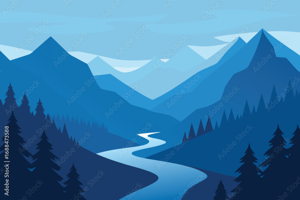 Fototapeta premium Blue Mountain Valley with River and Evergreen Trees Flat Illustration