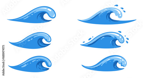 Set of blue ocean waves with various splash styles in cartoon design