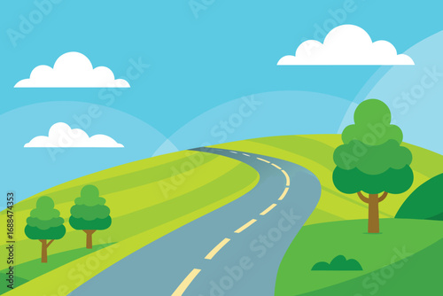 Cartoon Landscape with Road, Green Hills, Trees, and Cloudy Blue Sky Illustration