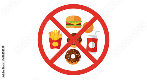 No junk food sign with burger, fries, donuts, and soda in flat design