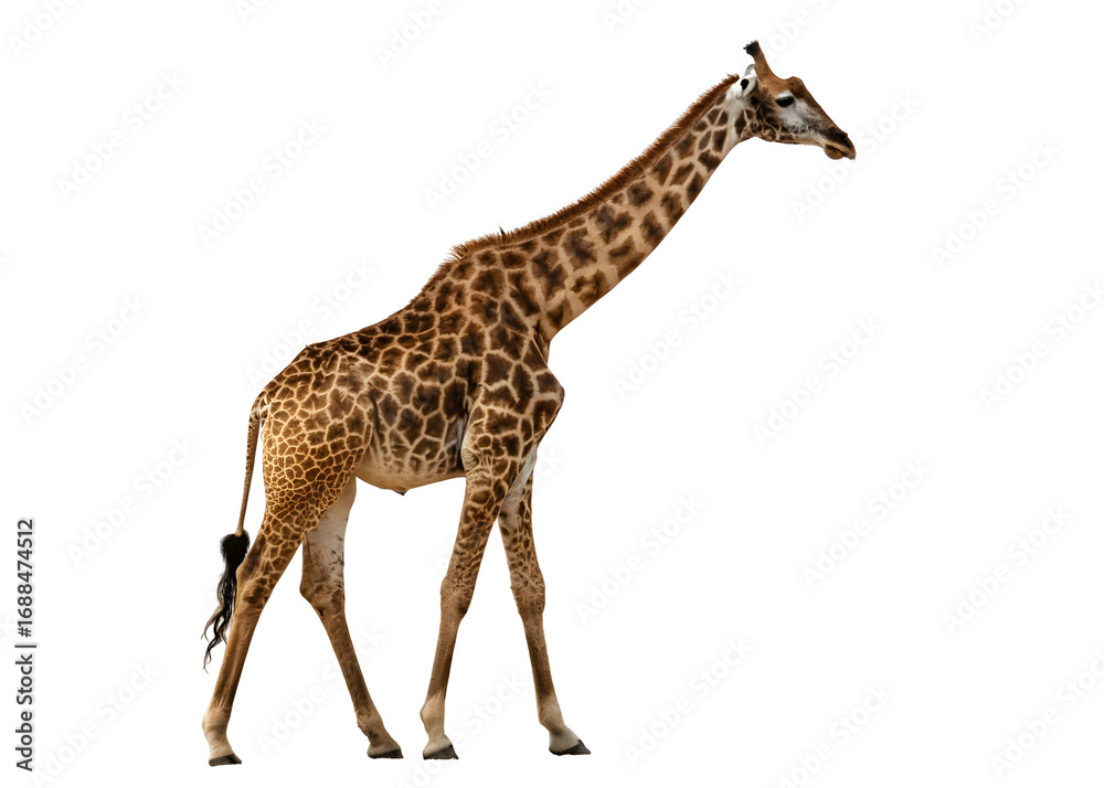 Obraz premium A Single Adult Giraffe Walking Right Profile View Realistic Brown Tan Patchwork Skin Coat Pattern isolated on a transparent background