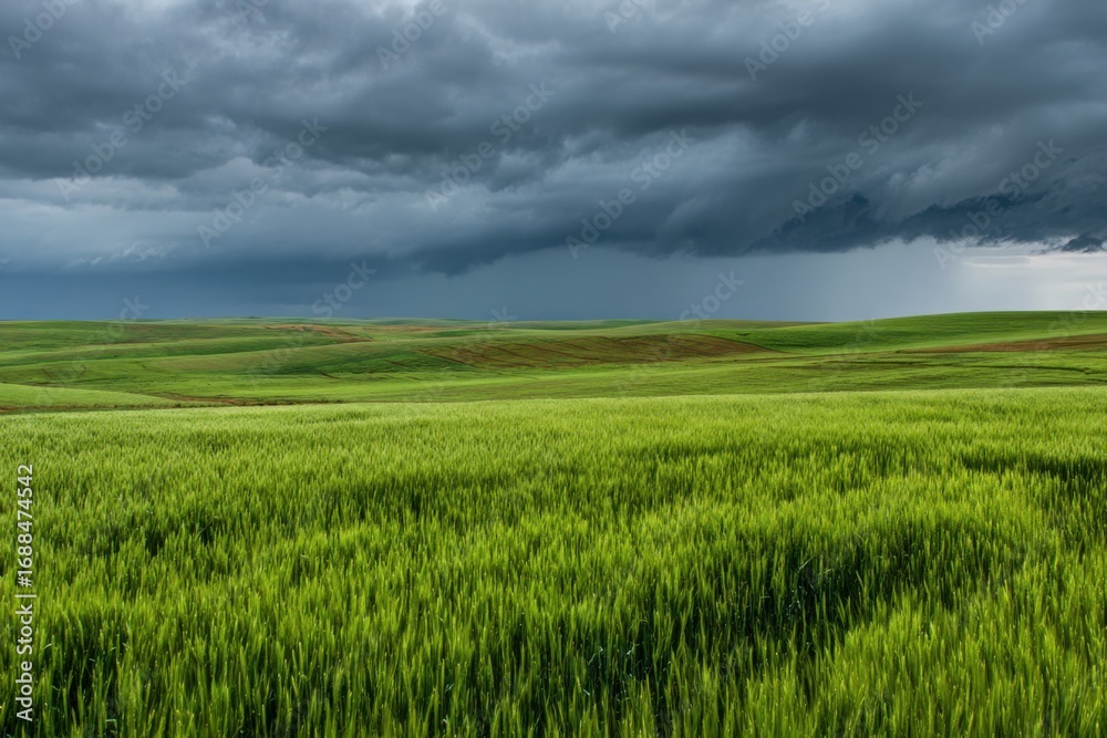 Obraz premium Vast green field under a looming storm cloud