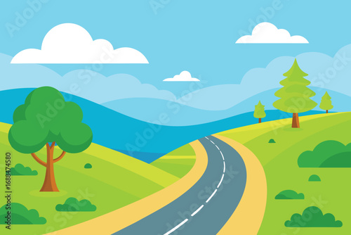 Cartoon Landscape with Winding Road, Green Hills, Trees, and Cloudy Blue Sky Illustration