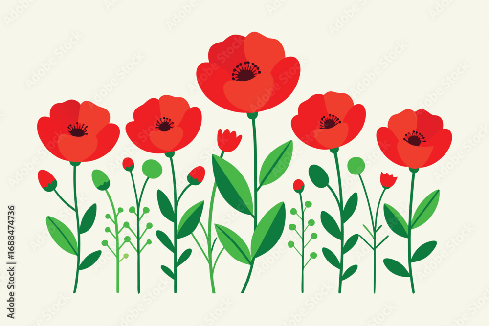 Obraz premium Cartoon Red Poppy Flowers with Green Stems and Buds on Cream Background