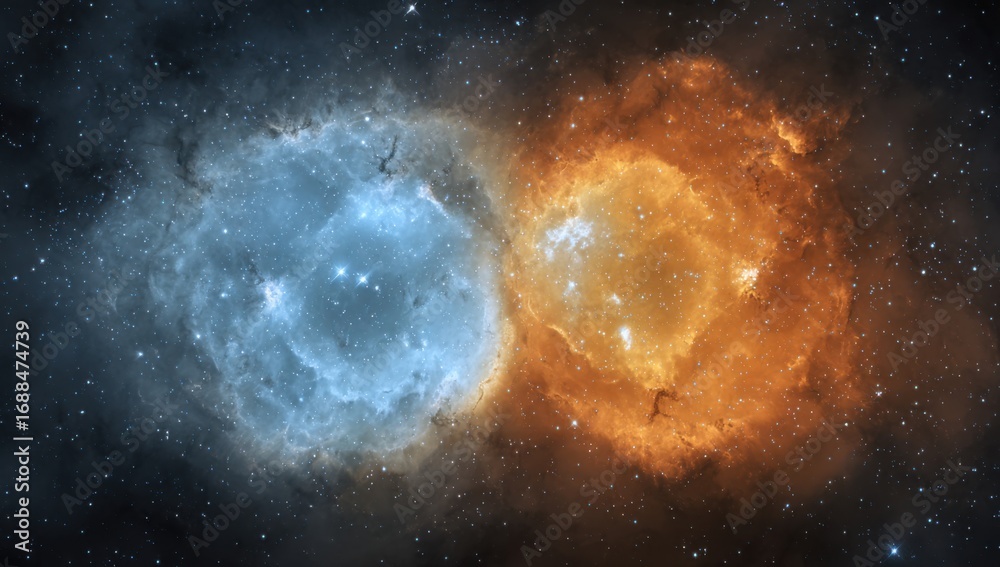 Obraz premium Two swirling nebulae, one blue, one orange, in a star-filled cosmos