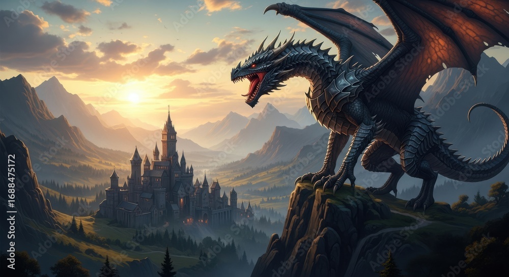 Fototapeta premium Majestic Dragon Overseeing a Mystical Castle Kingdom at Sunrise