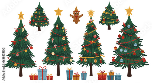 Festive christmas tree collection with decorations and gifts on white background
