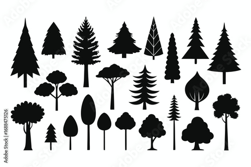 Collection of Twenty Diverse Tree Silhouettes Evergreen, Deciduous, and Abstract Forest Shapes