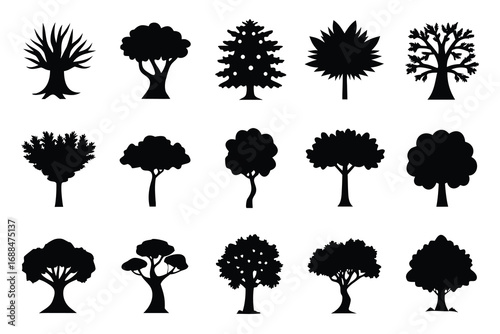 Collection of Fifteen Varied Tree Silhouettes in Black, Illustrating Diverse Forms and Growth Patterns