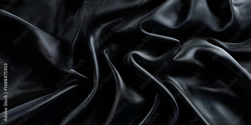 Fototapeta premium Black silk background, dark abstract black fabric cloth texture with copy space. Abstract background of elegant cloth in motion. Vector illustration. Black satin cloth. 