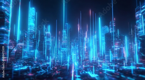 Futuristic Cityscape with Neon Lights and Skyscrapers