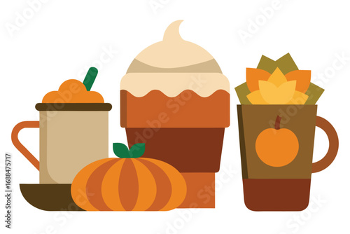 Cozy Autumn Illustrated Pumpkin, Spiced Latte and Decorative Succulents on White Background