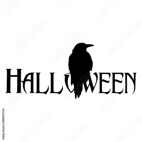 Logo con silueta de cuervo negro en palabra Halloween para su uso en invitaciones y tarjetas