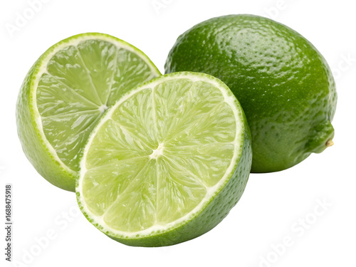 Fresh Juicy Limes Sliced and Whole Detailed Green Citrus Fruit Isolated on a transparent background