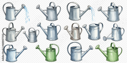 A diverse collection of illustrated watering cans, featuring metallic and green designs, with some actively pouring water.