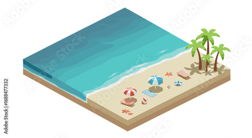 Tropical beach scene with umbrellas and palm trees in isometric design