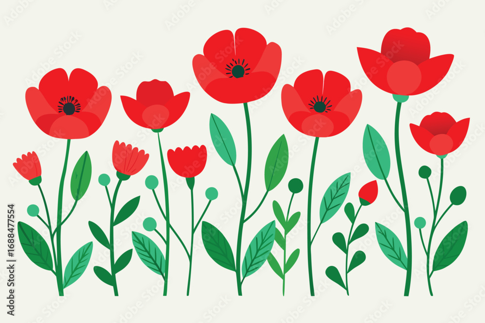 Fototapeta premium Flat Design Red Poppy Flowers with Green Leaves and Branches Against Cream Background