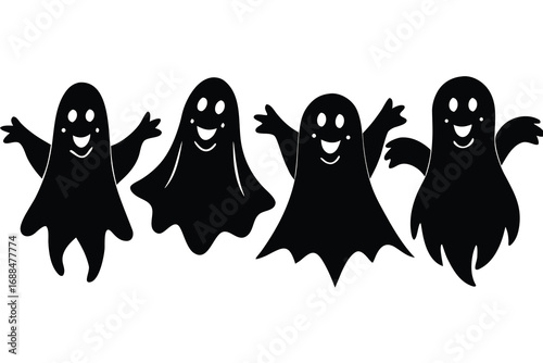 Four Black and White Halloween Ghosts with Smiling Faces and Raised Arms Illustration