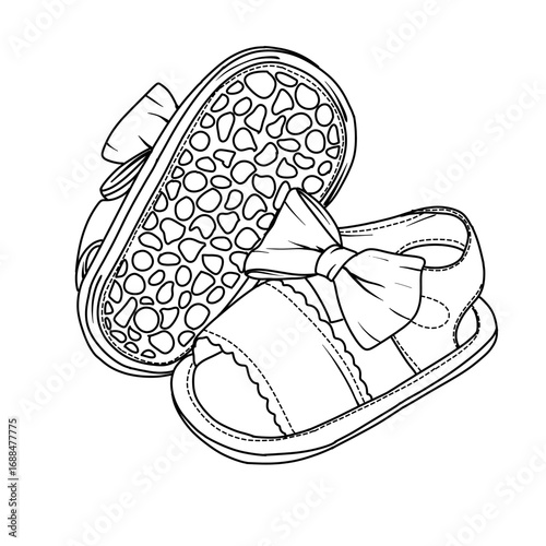 A detailed line art illustration showcasing a pair of baby sandals, each adorned with a charming bow. One sandal is depicted from the top, while the other is shown from the sole. 