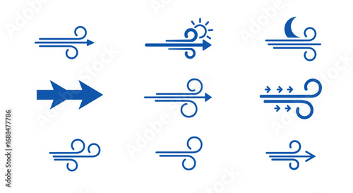 Blue wind icon set with sun and moon symbols for weather apps and ui designs