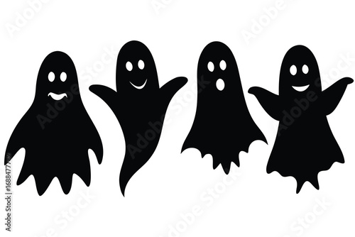 Four Black and White Silhouette Halloween Ghosts with Varying Facial Expressions and Arm Positions
