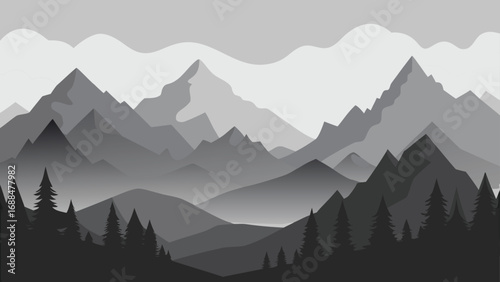Grayscale Mountain Range Silhouette with Pine Forest, Tranquil Landscape Illustration, Nature Backdrop