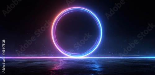 Neon ring portal on a dark, futuristic landscape