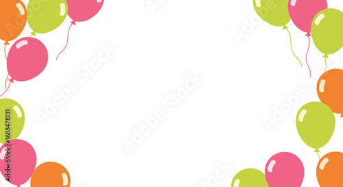 Colorful balloon frame with vibrant pink, green, orange party decorations on white background