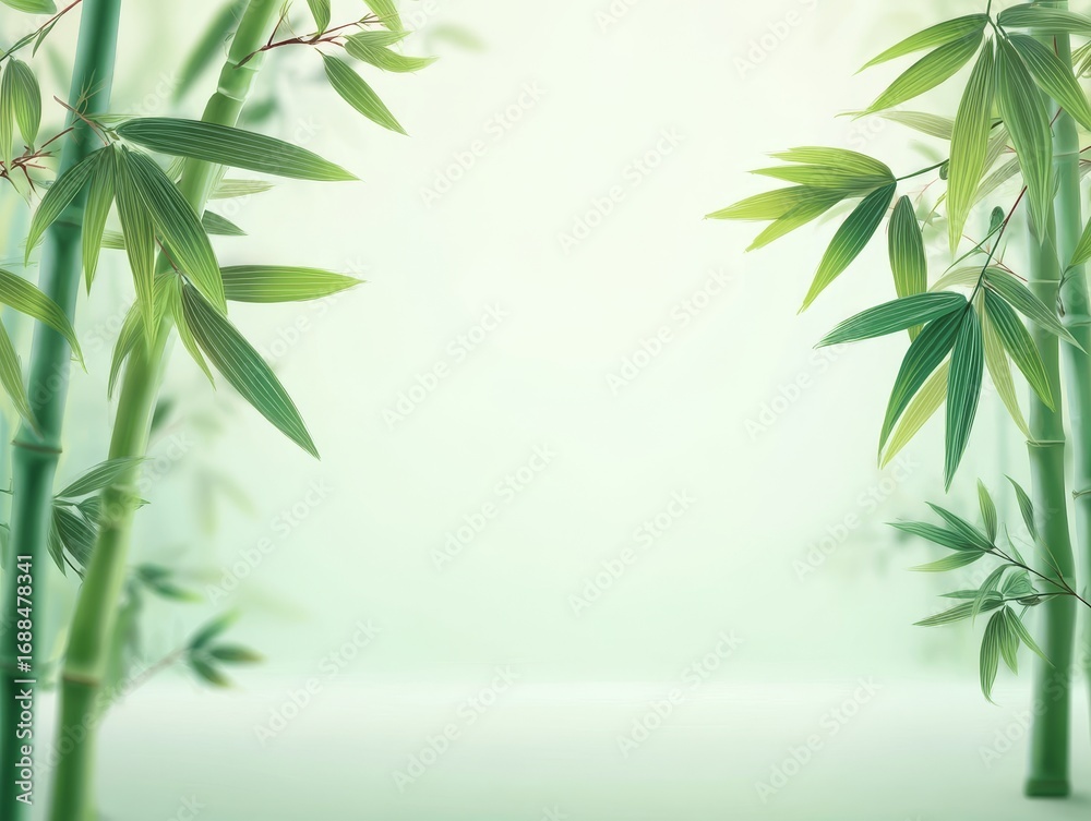 Fototapeta premium Elegant Bamboo Stalks with Fresh Green Leaves Framing a Soft Background