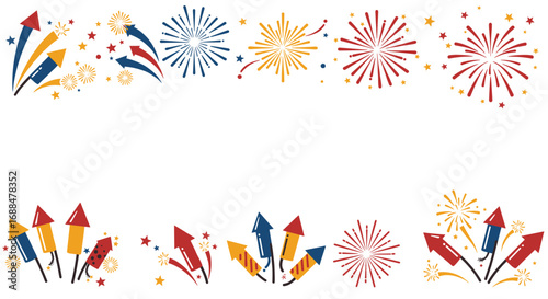 Colorful festive firework and rocket border with burst patterns