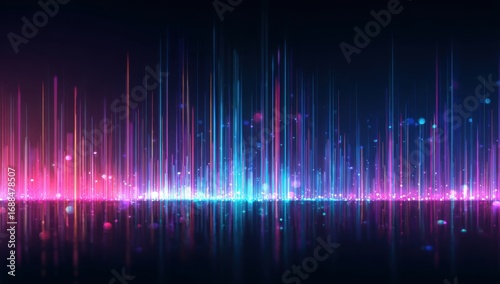 Abstract digital cityscape, vibrant spectral lines reflecting on a dark surface