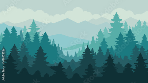 Layered Forest Landscape Illustration with Evergreen Trees and Muted Blue and Green Tones