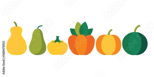 Minimalist Illustration of Pears, Pumpkins, and Watermelon on a White Background