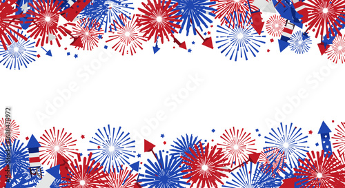 Festive fireworks celebration with red and blue bursts on white background