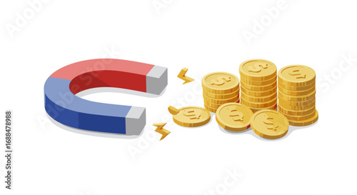Magnet attracting gold coins with financial concept in minimalist 3d design