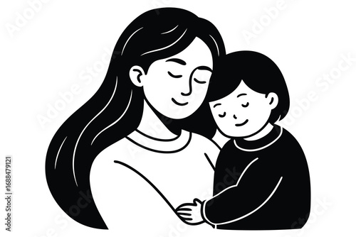 Monochrome Illustration of a Mother Embracing Her Child with Love and Tenderness Shown
