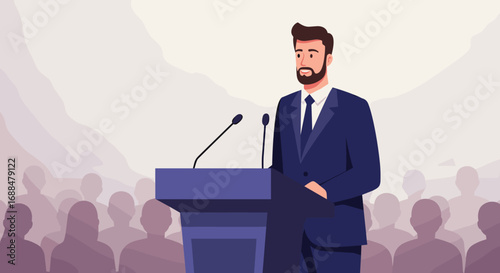 Confident speaker at podium during public speech