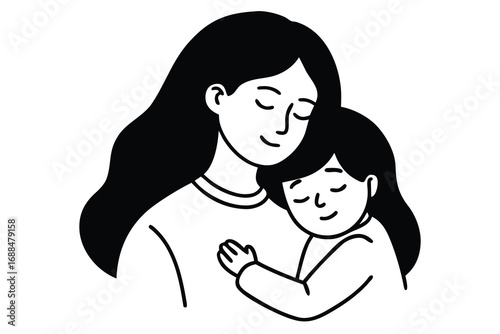Monochrome Illustration of Mother with Long Hair Embracing Her Young Child Comfortably