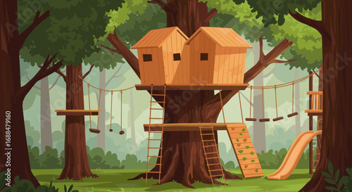 Enchanting wooden treehouse amid forest with playful children's slide and rope bridge