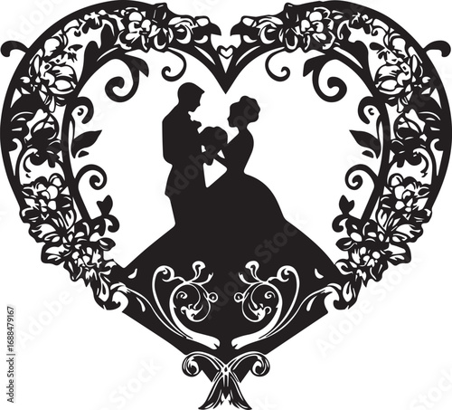 Silhouette Wedding: A beautifully crafted silhouette of a couple, stands in the embrace of a floral heart, symbolizing enduring love and the dawn of a shared journey.