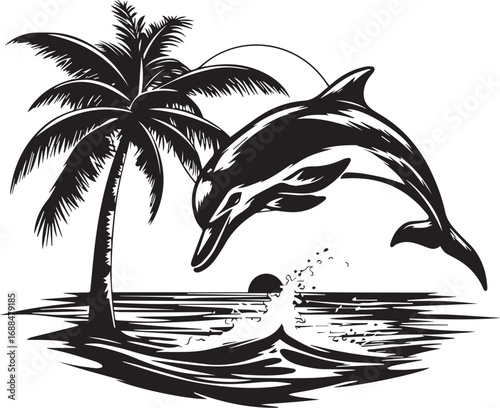 Dolphin's Delight on Tropical Shore: A captivating illustration of a playful dolphin leaping joyfully against the backdrop of a serene tropical sunset. Enhanced with a palm tree