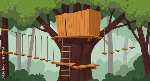 Treehouse adventure park with rope bridges and platforms in forest setting